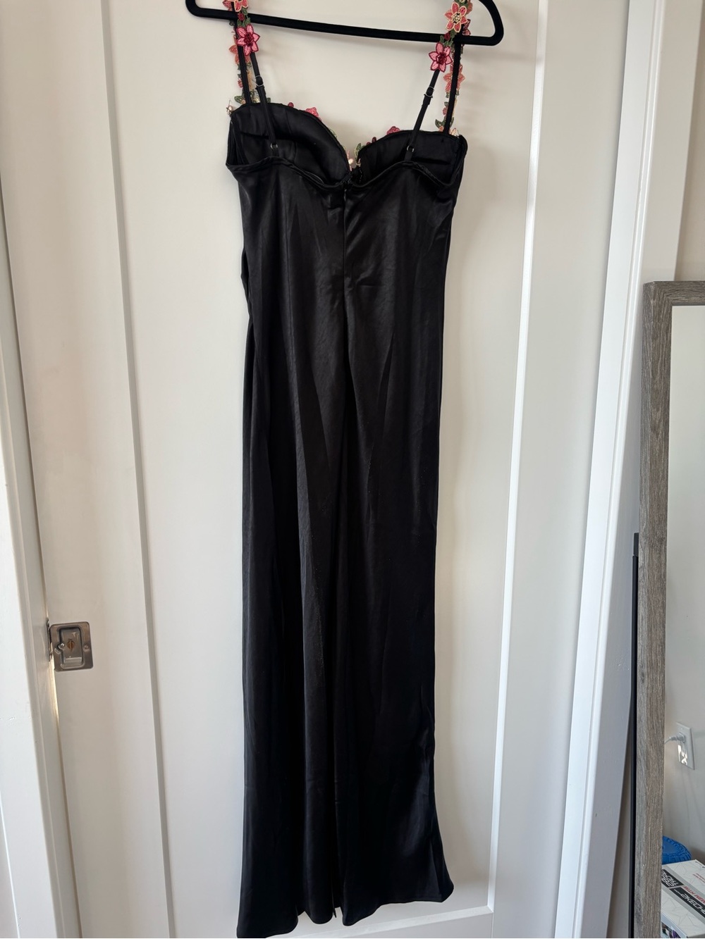 Hello Molly Black Satin Maxi Dress with Pink & Green Floral Straps - Picture 3 of 5